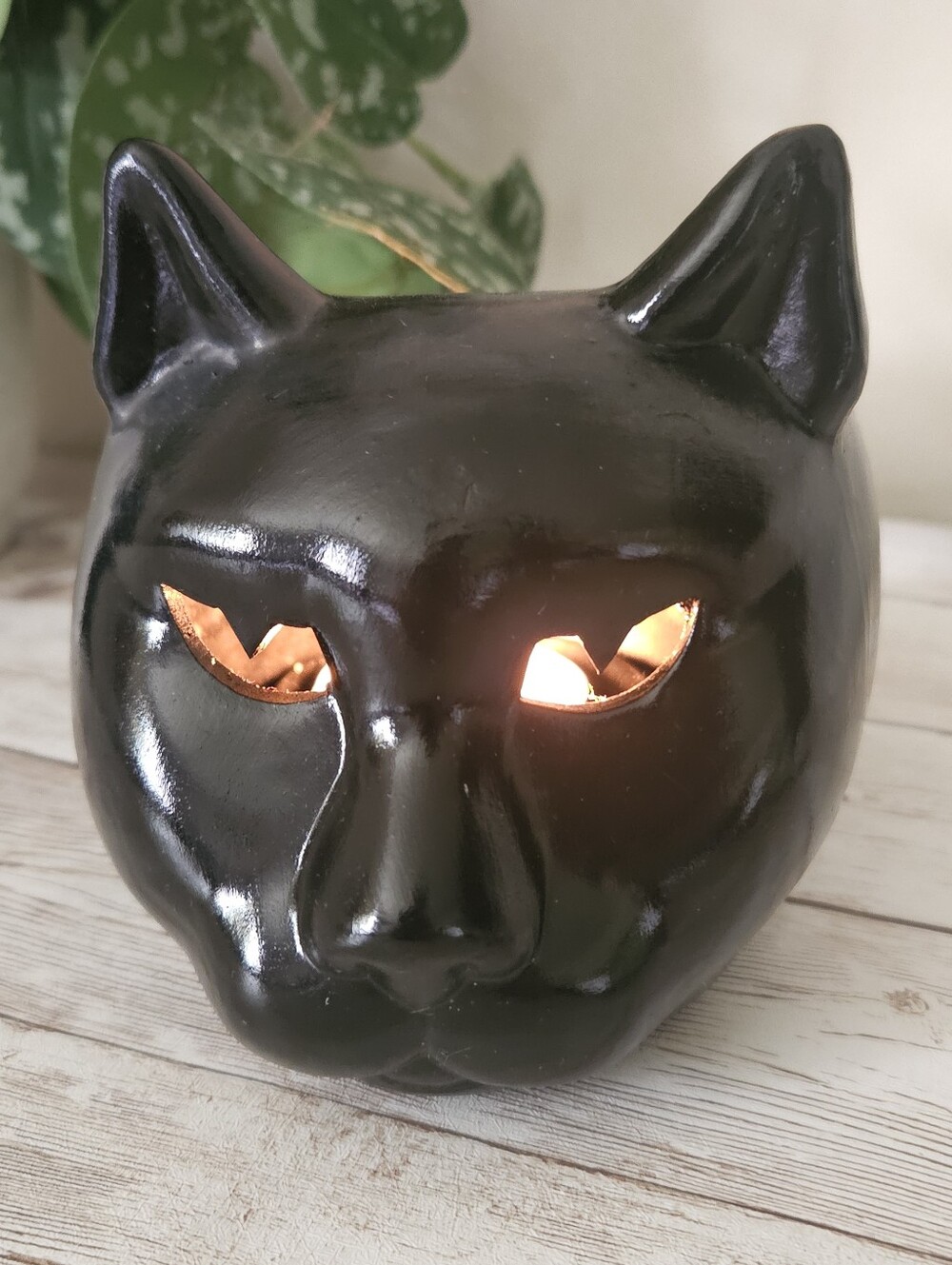 Vintage 1980s black ceramic cat votive candle holder or planter, made by America